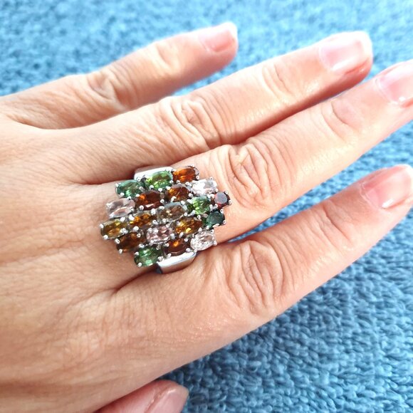 Stunning Multi-Colour  Genuine Natural Tourmaline 925 Silver Cluster Ring - Picture 4 of 11